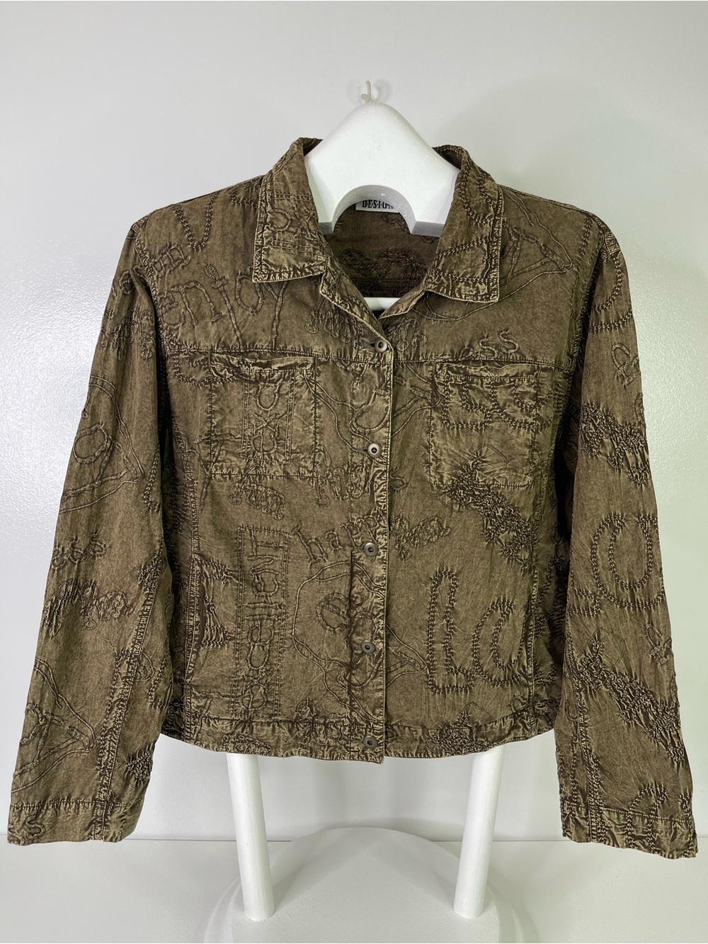 Chico's Design Vintage Cotton Embroidered Words Utility Jacket Brown Size 2